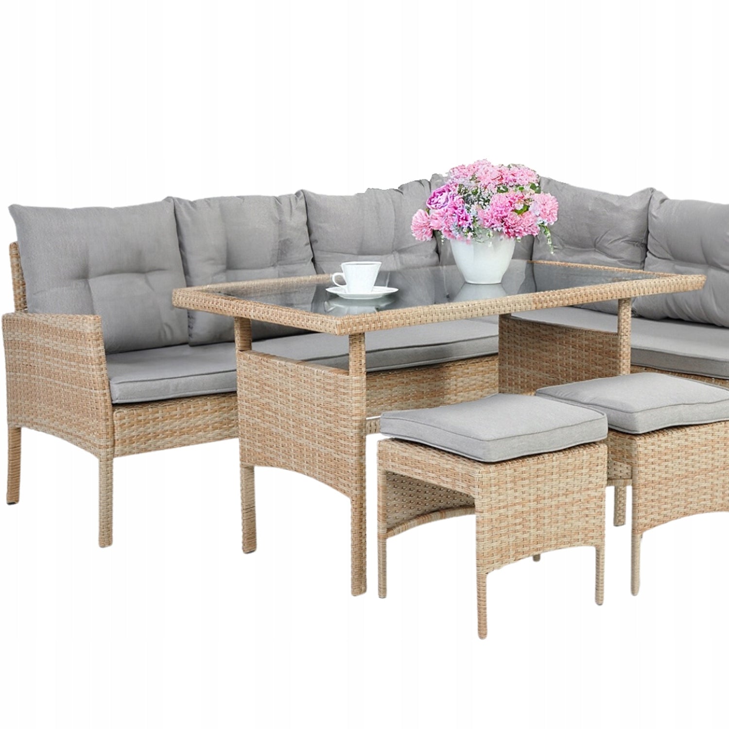 Set mobilier de gradina Berno coltar cu perne, 2 tabureti si masa, cadru otel si ratan sintetic, blat sticla securizata, bej