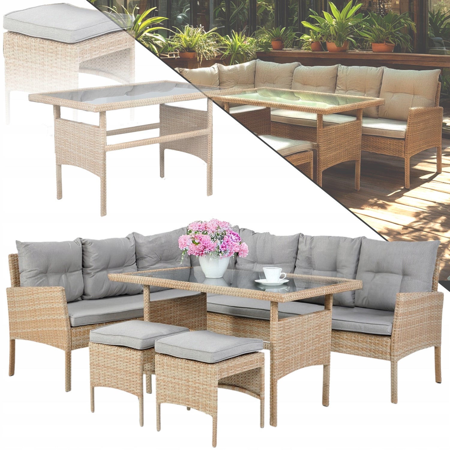 Set mobilier de gradina Berno coltar cu perne, 2 tabureti si masa, cadru otel si ratan sintetic, blat sticla securizata, bej