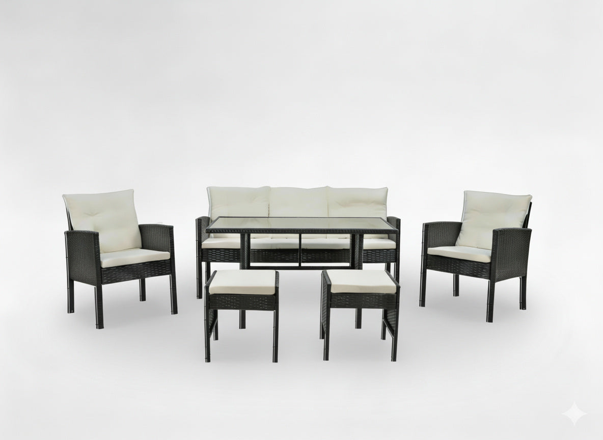 Set mobilier gradina Vaduz 6 piese, canapea 3 locuri, 2 fotolii, 2 tabureti si masa, ratan sintetic, blat sticla, negru si crem
