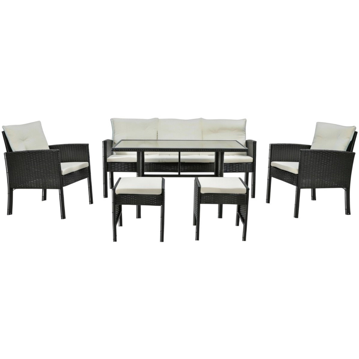 Set mobilier gradina Vaduz 6 piese, canapea 3 locuri, 2 fotolii, 2 tabureti si masa, ratan sintetic, blat sticla, negru si crem