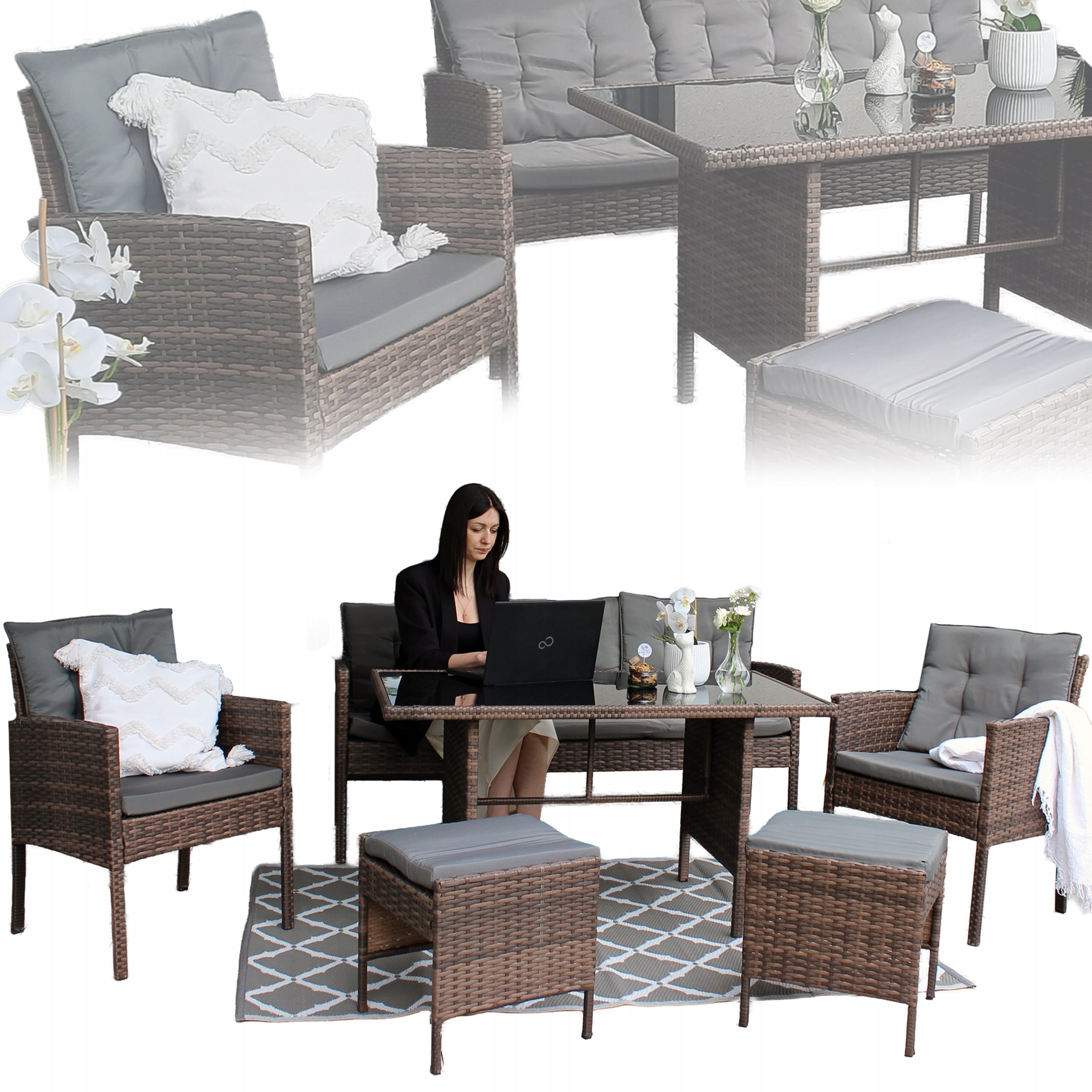 Set mobilier gradina 6 piese, rattan sintetic si otel, canapea 3 locuri, masa sticla, maro si gri
