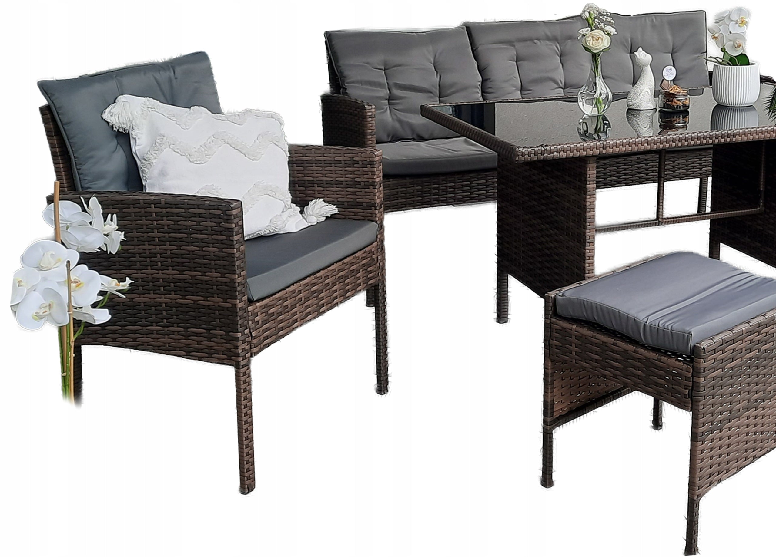 Set mobilier gradina 6 piese, rattan sintetic si otel, canapea 3 locuri, masa sticla, maro si gri