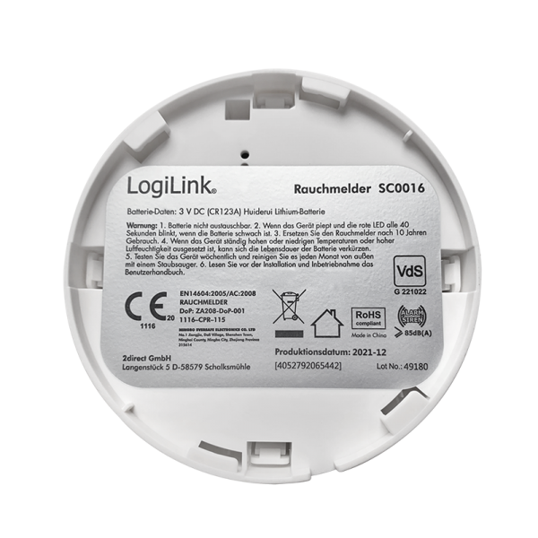 DETECTOR de fum LOGILINK, montare tavan/ perete, senzor: fotoelectric, alarma 85 dB, buton test, baterie 3V, VdS, alb "SC0016"