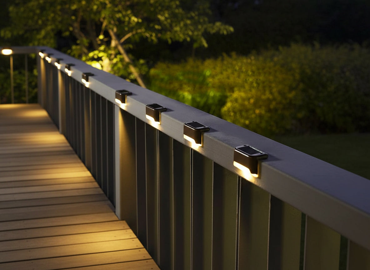 Set 4 lampi solare gradina, iluminare balustrada gard, lumina calda, 8x5x5 cm, negru
