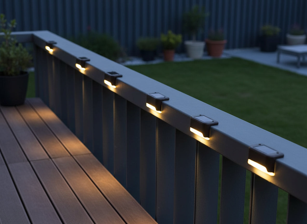 Set 4 lampi solare gradina, iluminare balustrada gard, lumina calda, 8x5x5 cm, negru