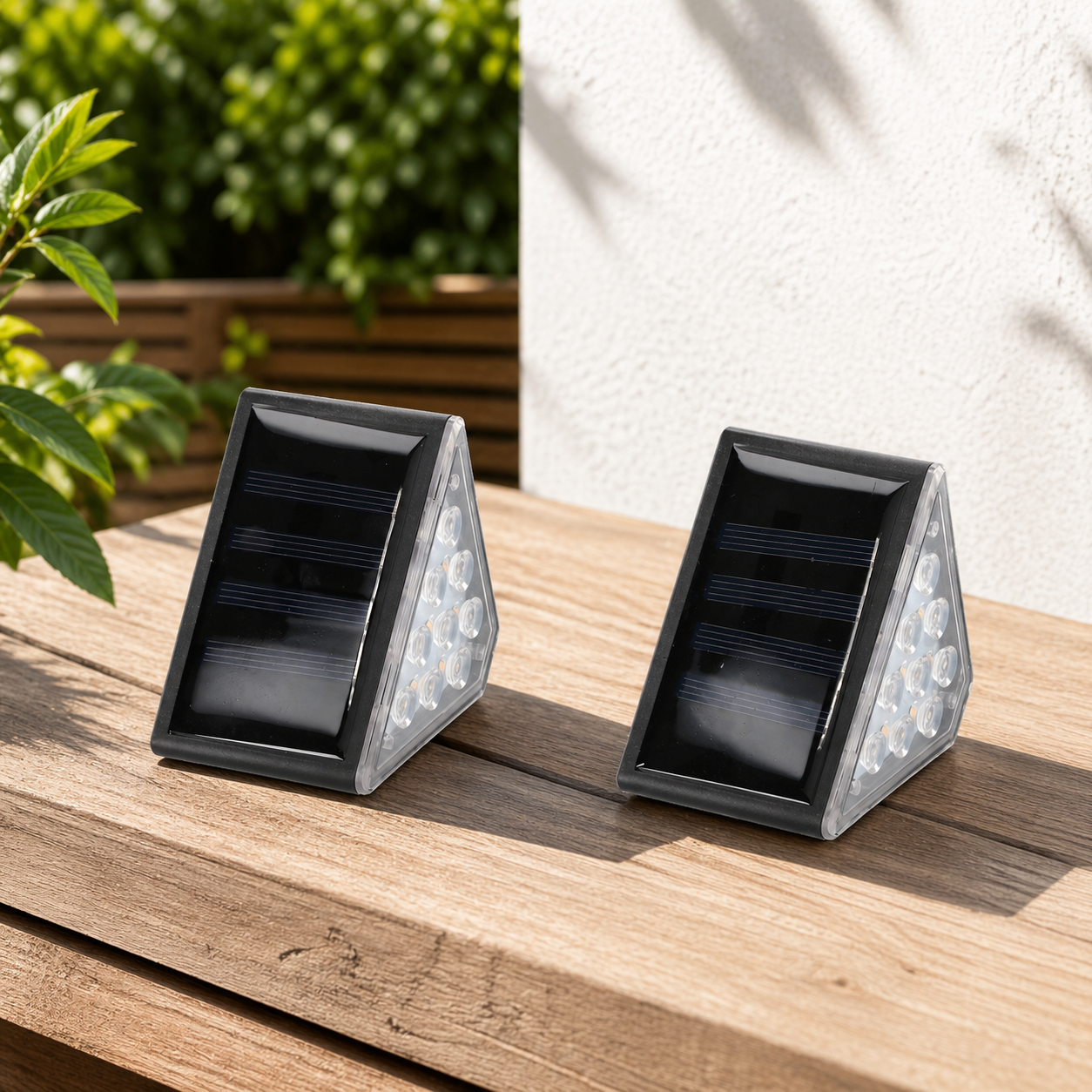 Set 2 lampi solare pentru trepte sau gard, 9 LED, alb cald, incarcare solara, 9x5x5 cm, negru
