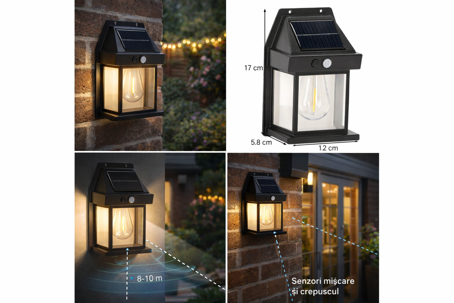 Lampa solara LED cu senzor miscare si crepuscul, 50 LED, 500 lm, 12x17x6 cm, negru