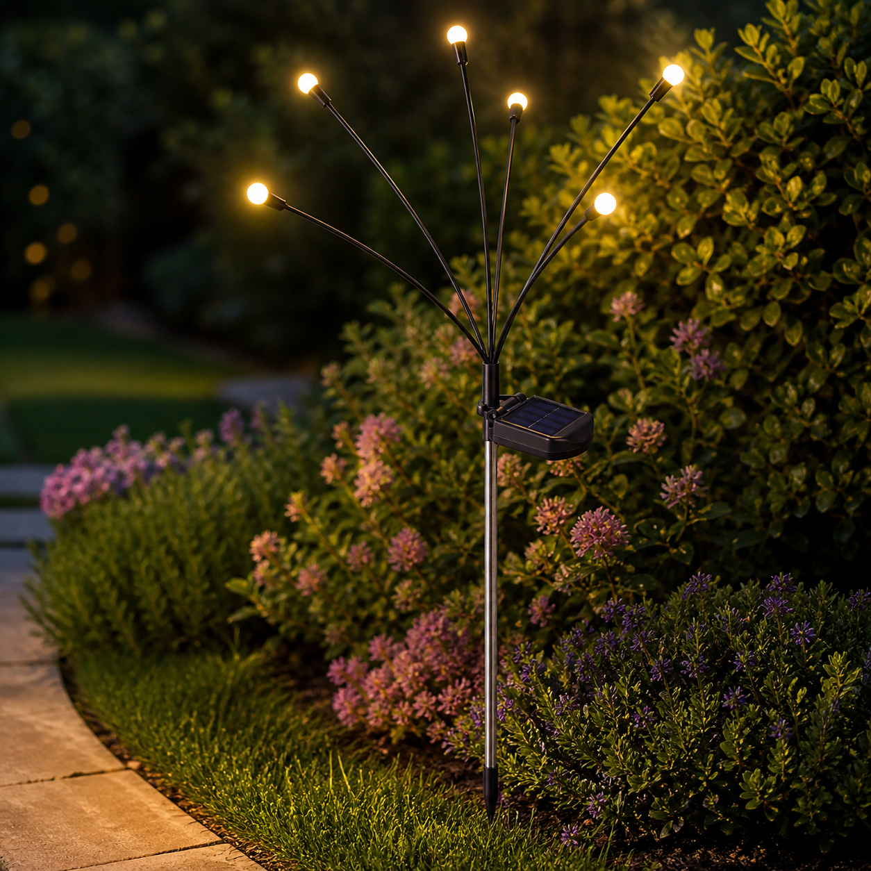 Set 2 lampi solare pentru gradina, model licurici cu miscare la adierea vantului, 6 LED-uri alb cald, 70 cm, negru