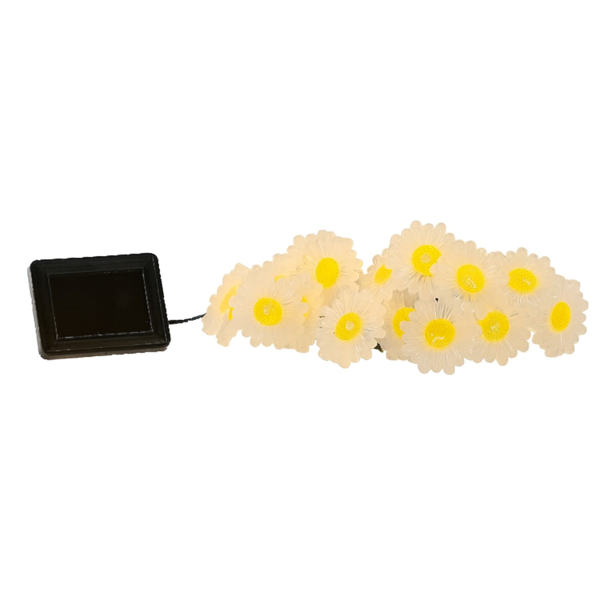 Instalatie luminoasa solara exterior, becuri in forma de margarete, 20 LED alb cald, 2 m + 3.8 m, 2 moduri iluminare, IP44, alb