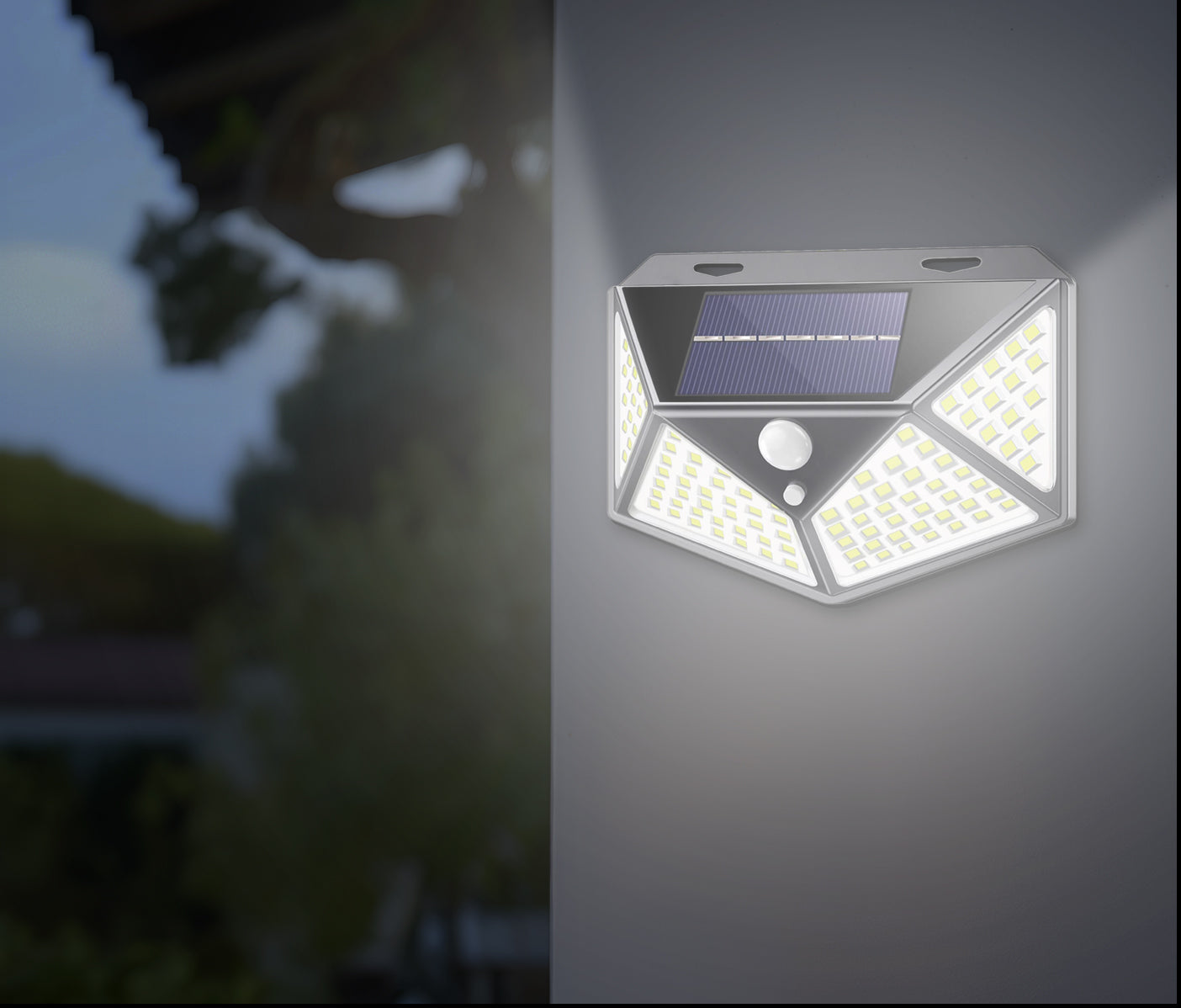 Lampa solara de perete, cu senzor de miscare, 100 LED, 14x6x10 cm, alb