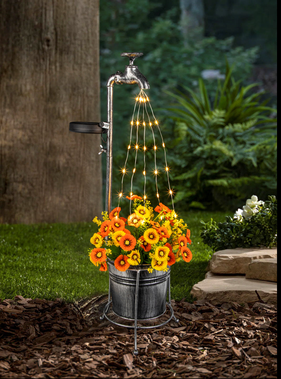 Lampa solara decorativa robinet cu ghiveci, 30 LED, lumina calda, 60 cm, negru
