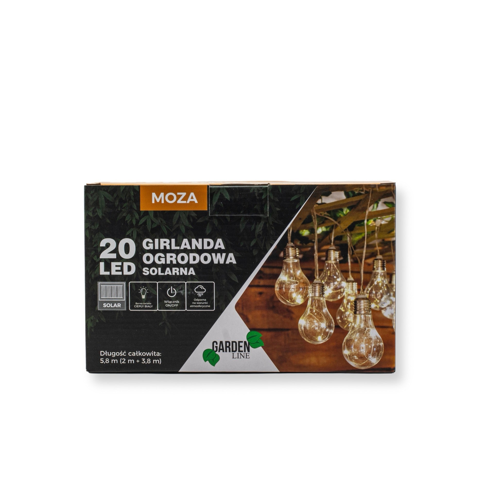 Ghirlanda luminoasa, LED, model Moza, 20 becuri, 580cm, incarcare solara, lumina alb cald