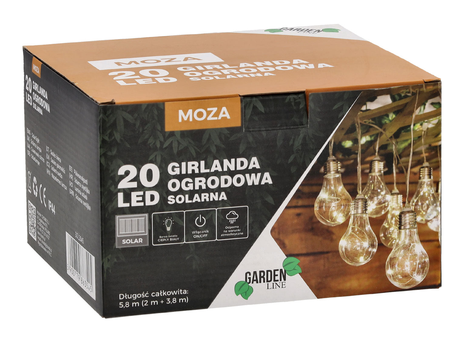 Ghirlanda luminoasa, LED, model Moza, 20 becuri, 580cm, incarcare solara, lumina alb cald