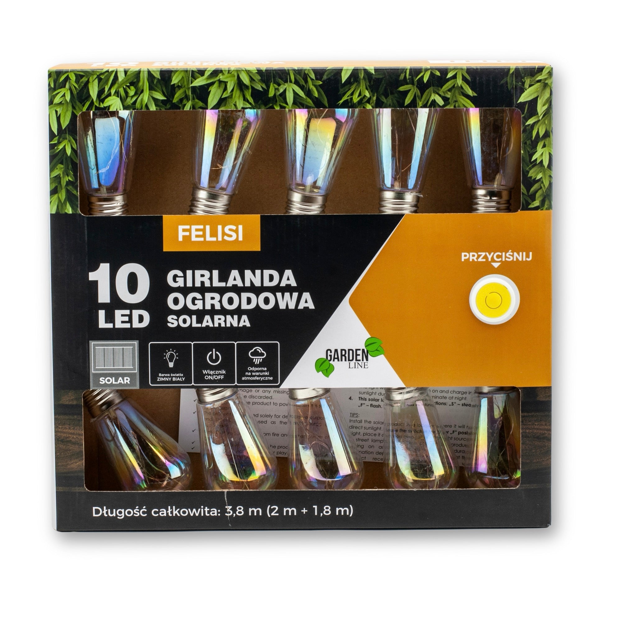 Ghirlanda luminoasa, LED, model Felisi, 10 becuri, 380cm, incarcare solara, lumina alb multicolor