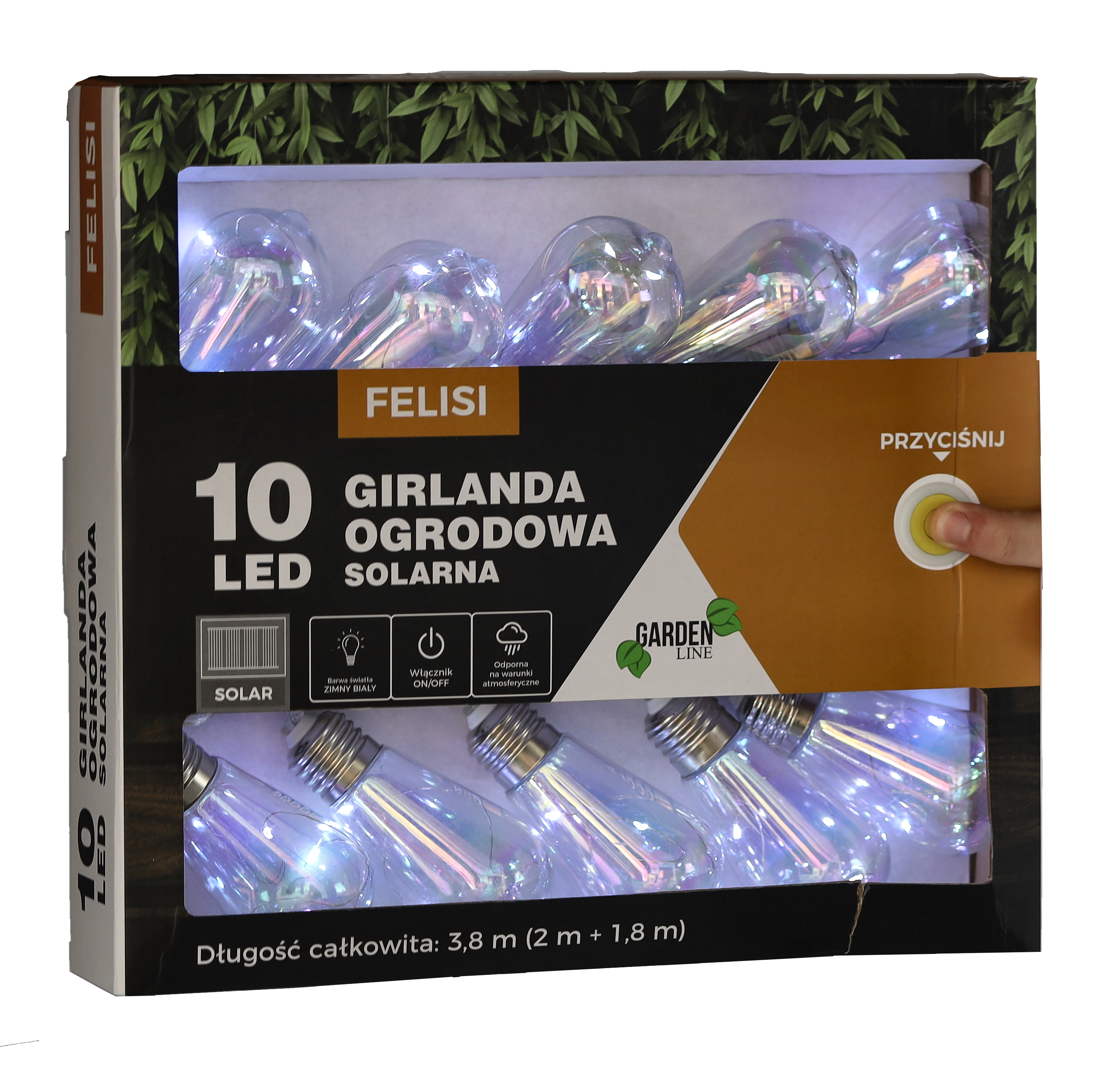 Ghirlanda luminoasa, LED, model Felisi, 10 becuri, 380cm, incarcare solara, lumina alb multicolor