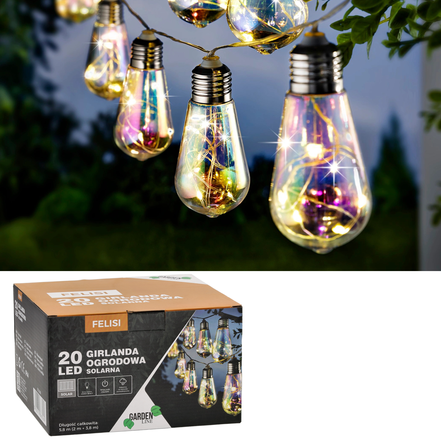 Ghirlanda luminoasa, LED, model Felisi, 20 becuri, 580cm, incarcare solara, lumina alb multicolor