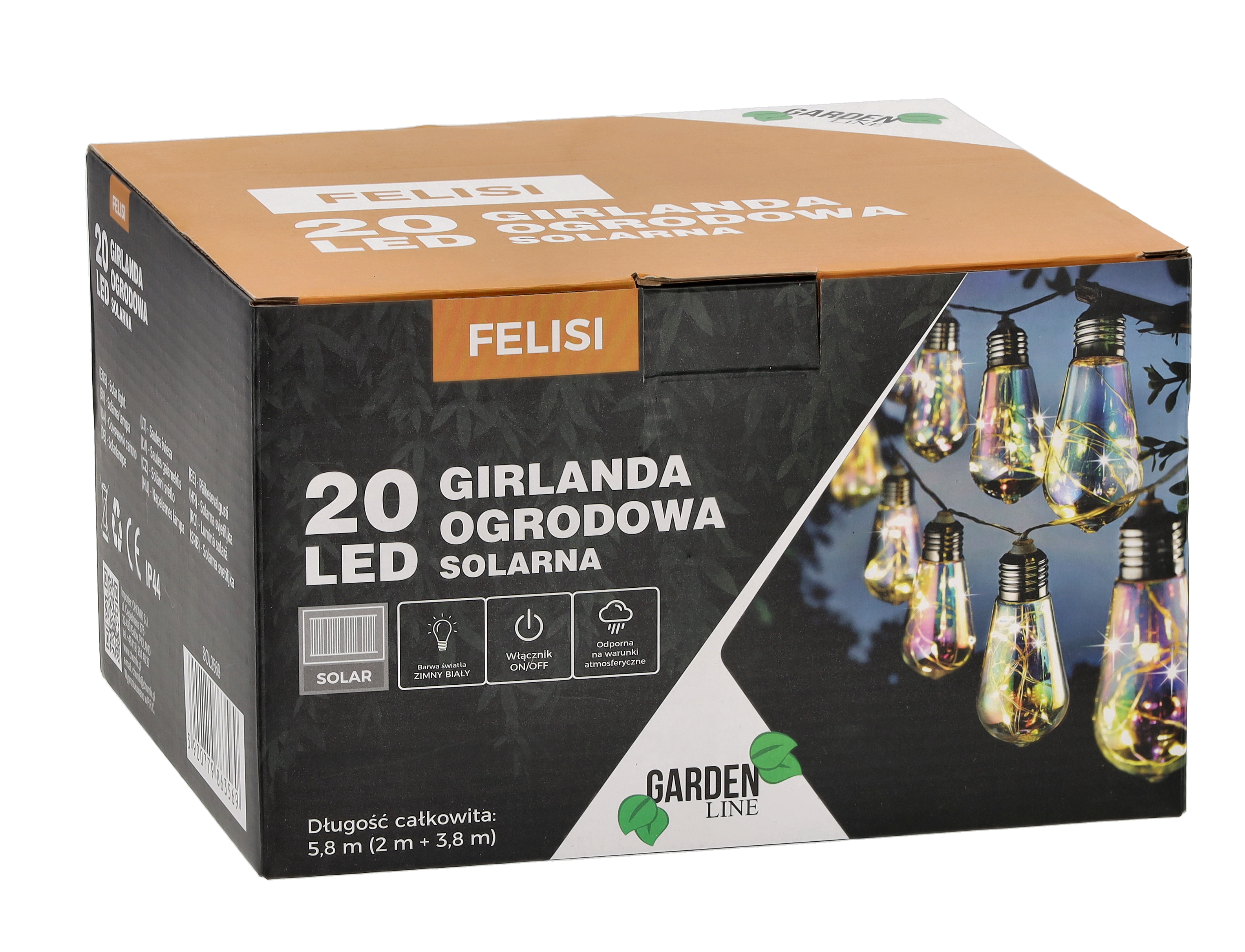 Ghirlanda luminoasa, LED, model Felisi, 20 becuri, 580cm, incarcare solara, lumina alb multicolor