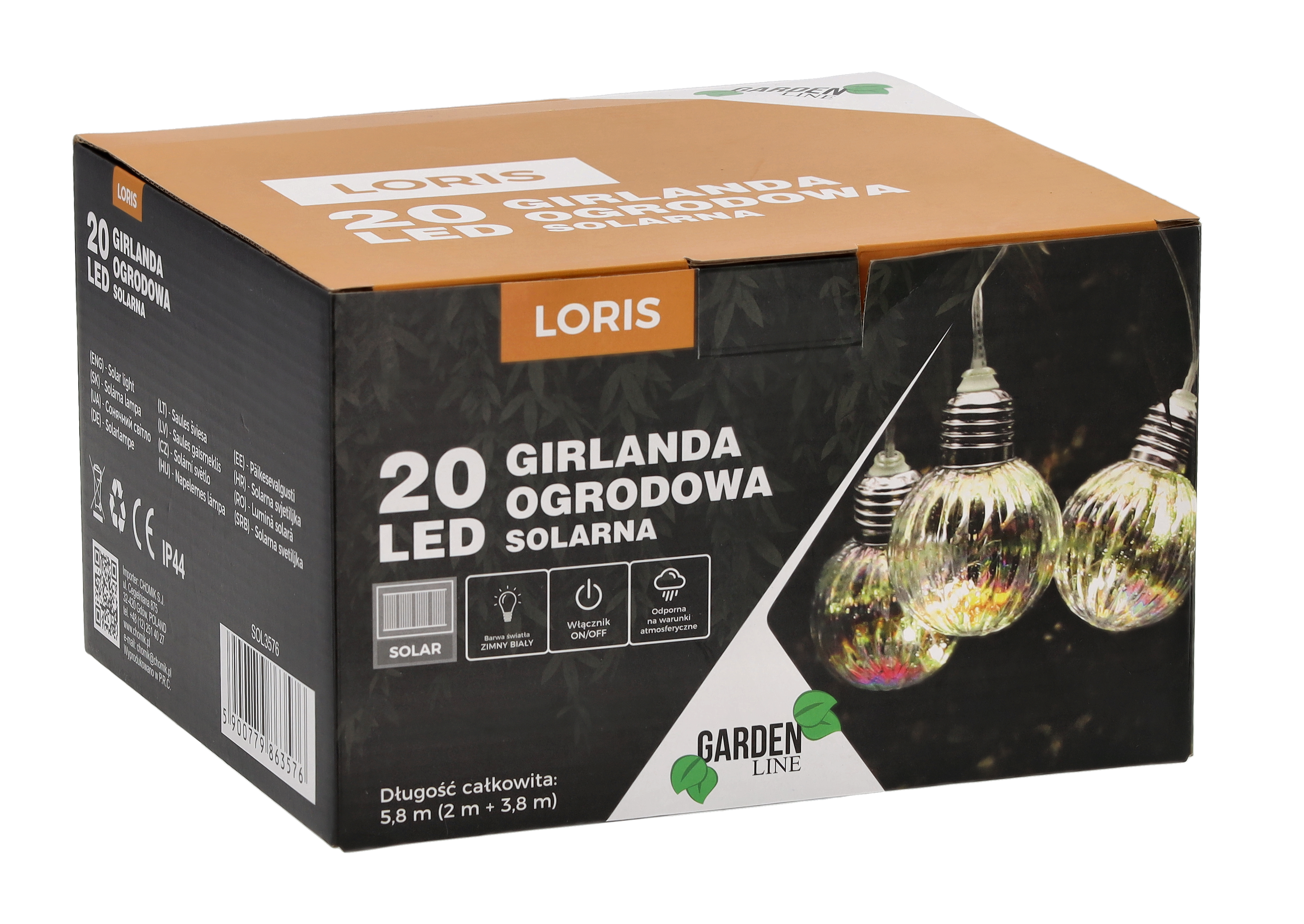 Ghirlanda luminoasa, LED, model Loris, 20 becuri, 580cm, incarcare solara, lumina alb multicolor