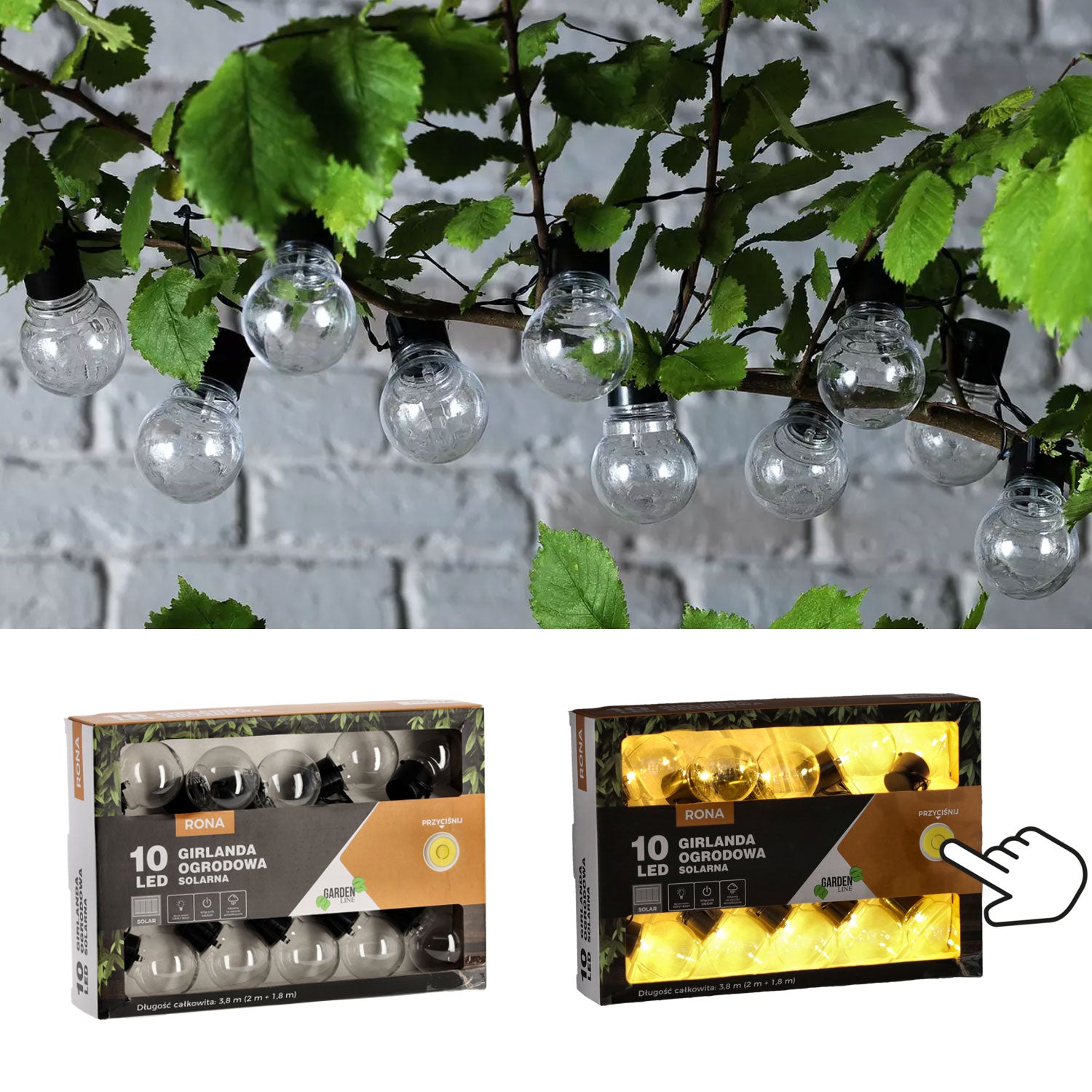 Ghirlanda luminoasa, LED, model Rona, 10 becuri, 380cm, incarcare solara, lumina alb cald