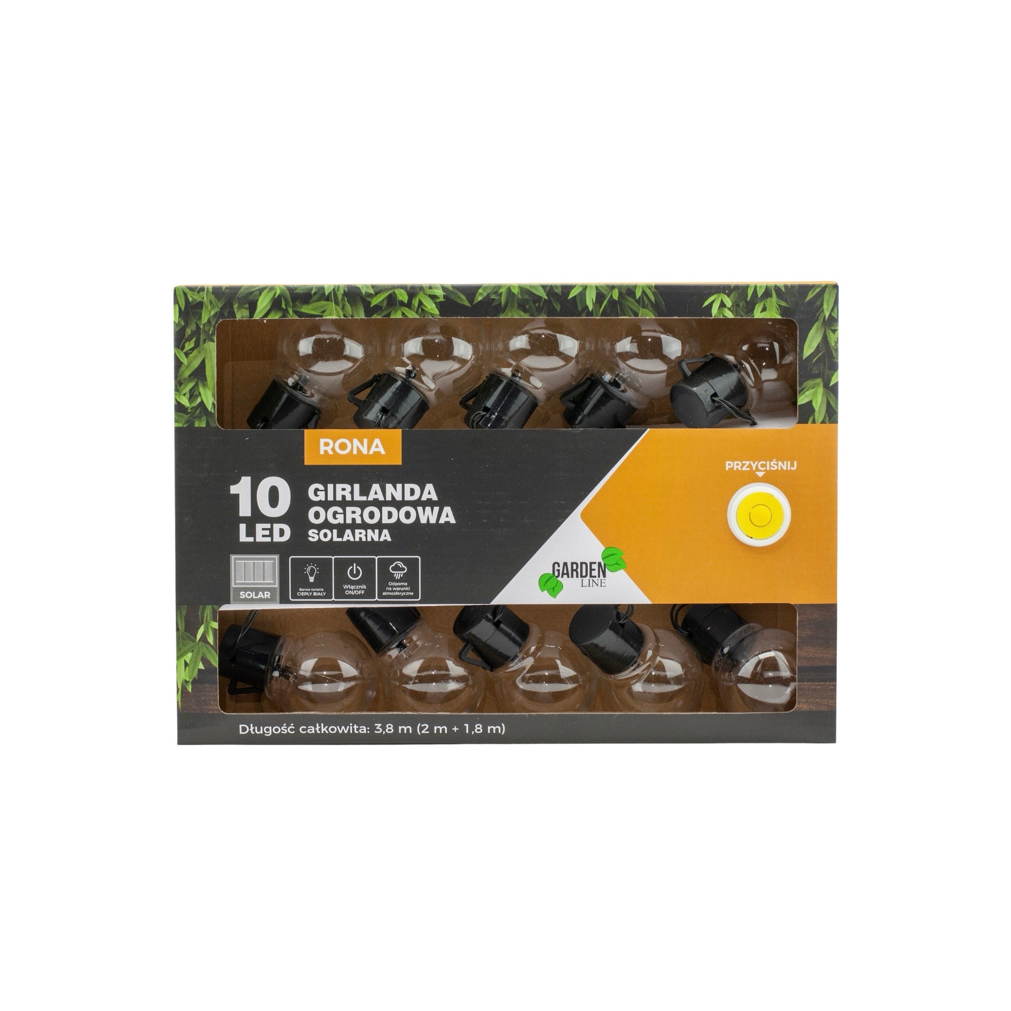 Ghirlanda luminoasa, LED, model Rona, 10 becuri, 380cm, incarcare solara, lumina alb cald