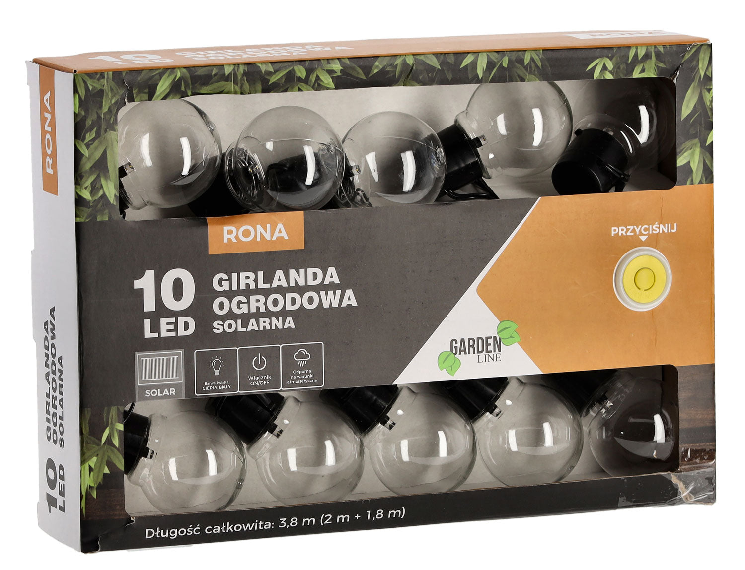 Ghirlanda luminoasa, LED, model Rona, 10 becuri, 380cm, incarcare solara, lumina alb cald