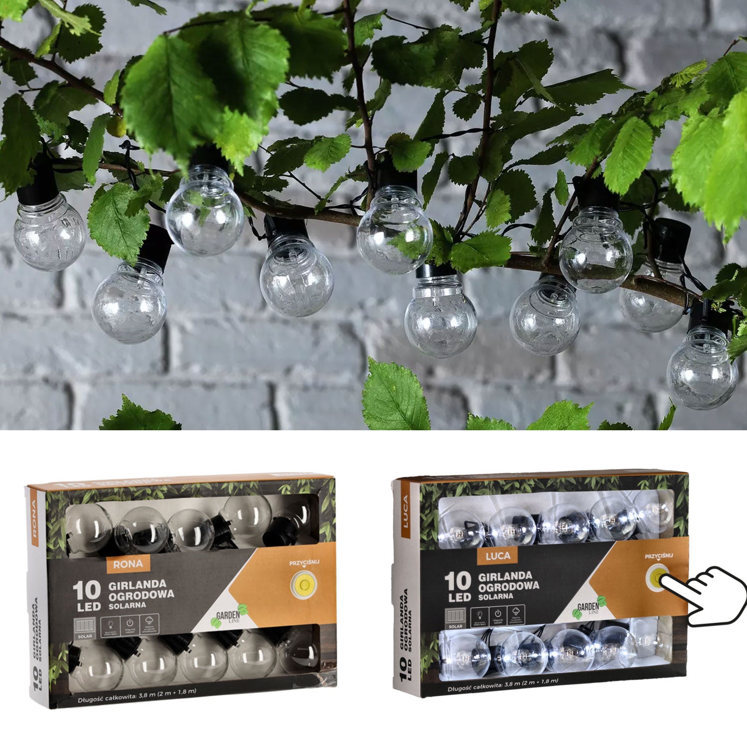 Ghirlanda luminoasa, LED, model Luca, 10 becuri, 380cm, incarcare solara, lumina alb rece