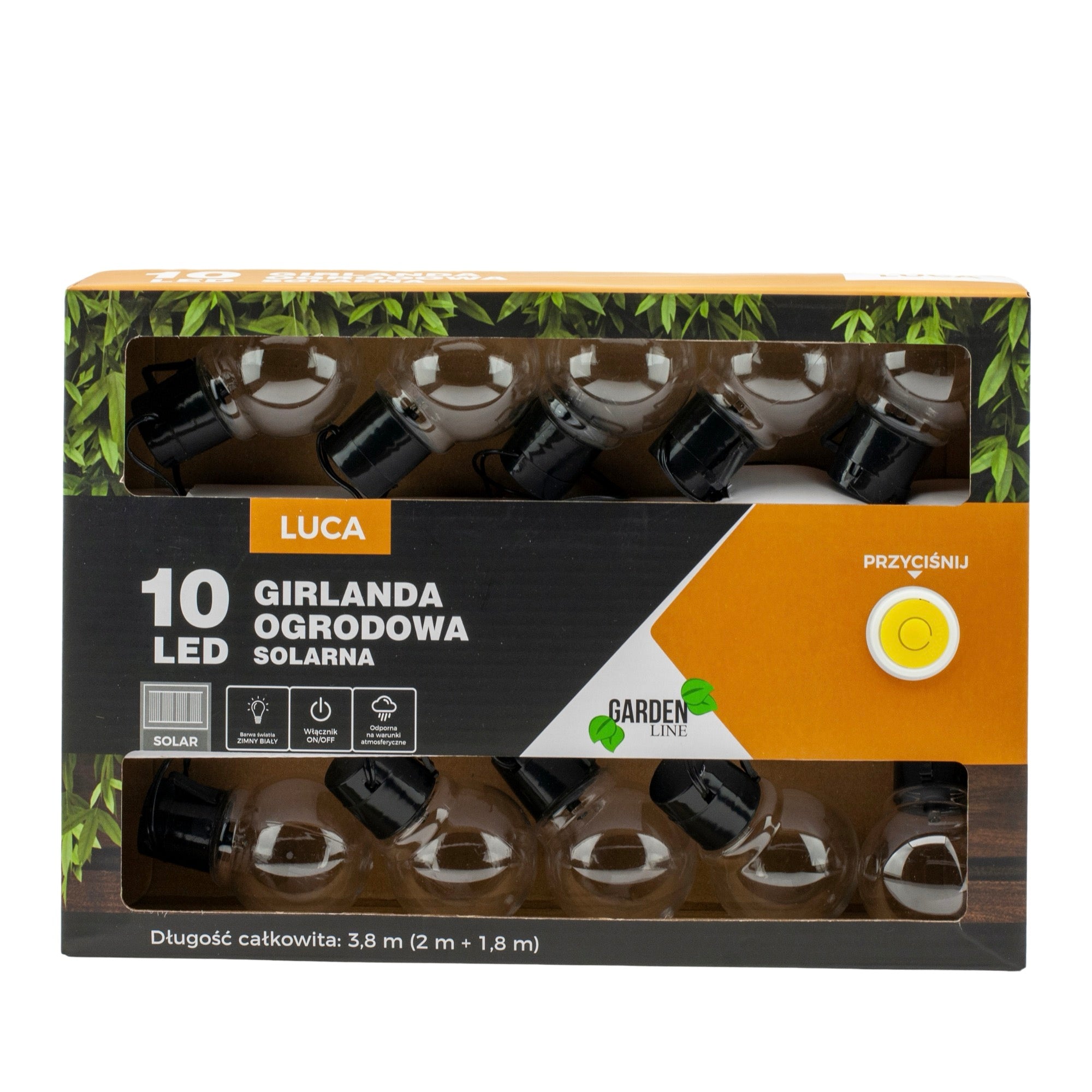 Ghirlanda luminoasa, LED, model Luca, 10 becuri, 380cm, incarcare solara, lumina alb rece