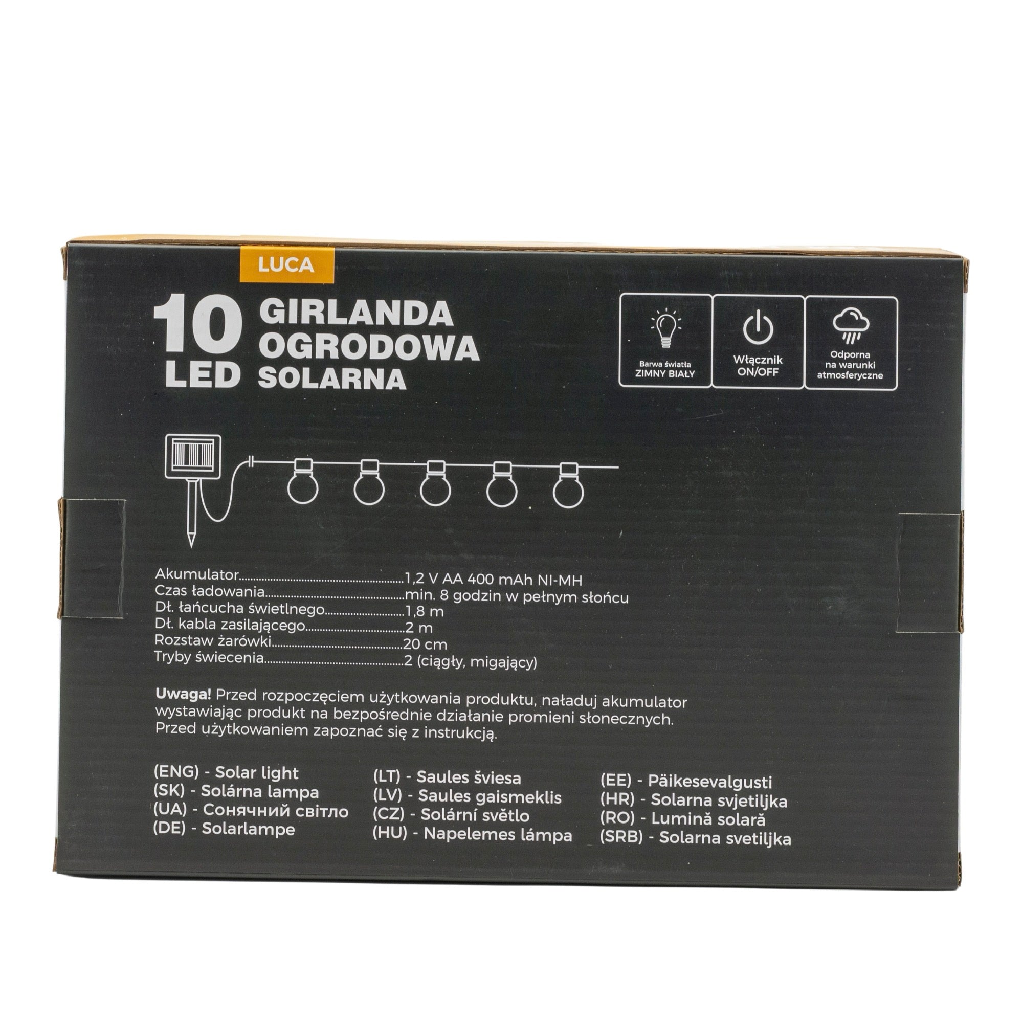Ghirlanda luminoasa, LED, model Luca, 10 becuri, 380cm, incarcare solara, lumina alb rece