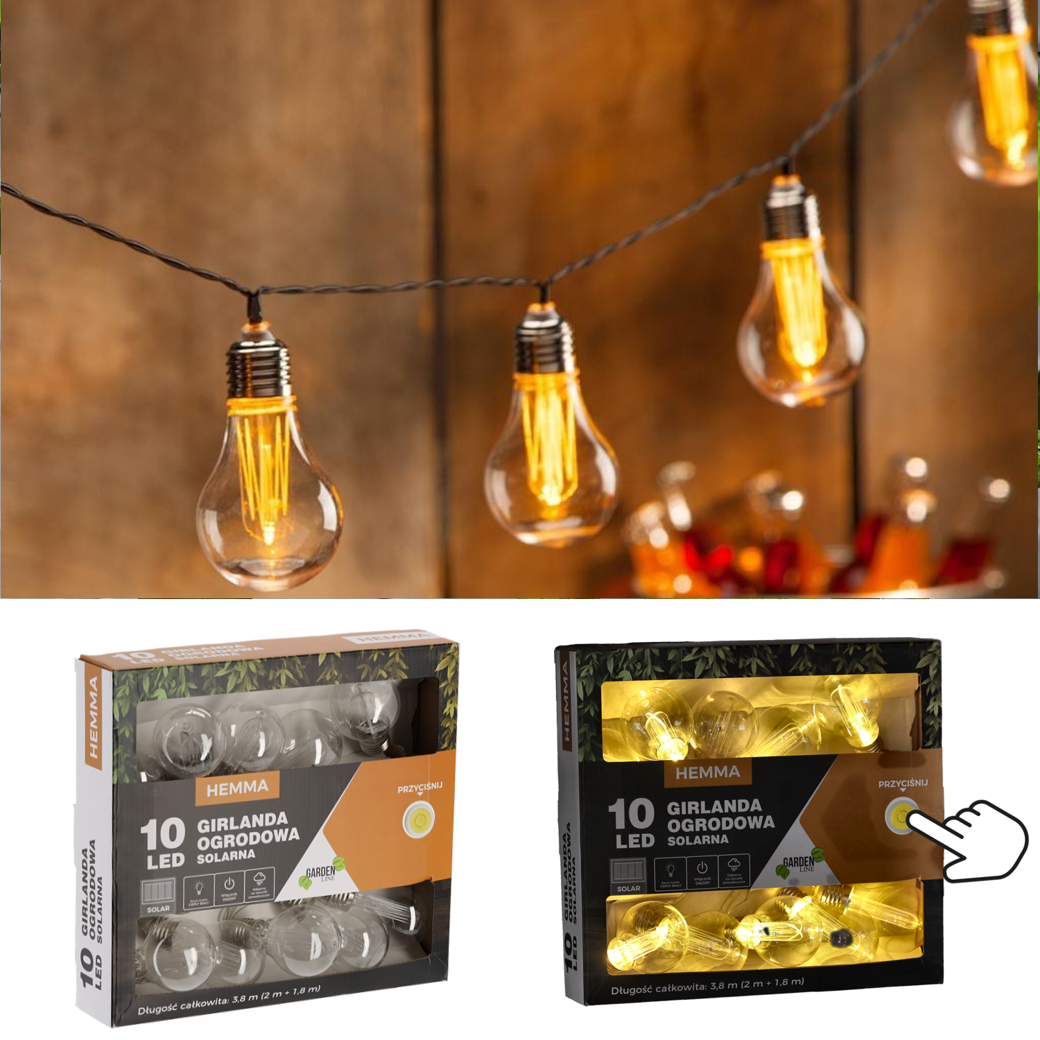 Ghirlanda luminoasa, LED, model Hemma, 10 becuri, 380cm, incarcare solara, lumina alb cald