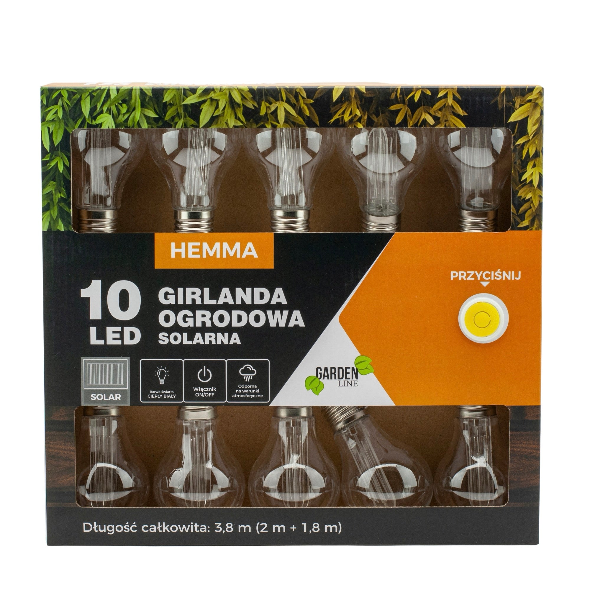 Ghirlanda luminoasa, LED, model Hemma, 10 becuri, 380cm, incarcare solara, lumina alb cald