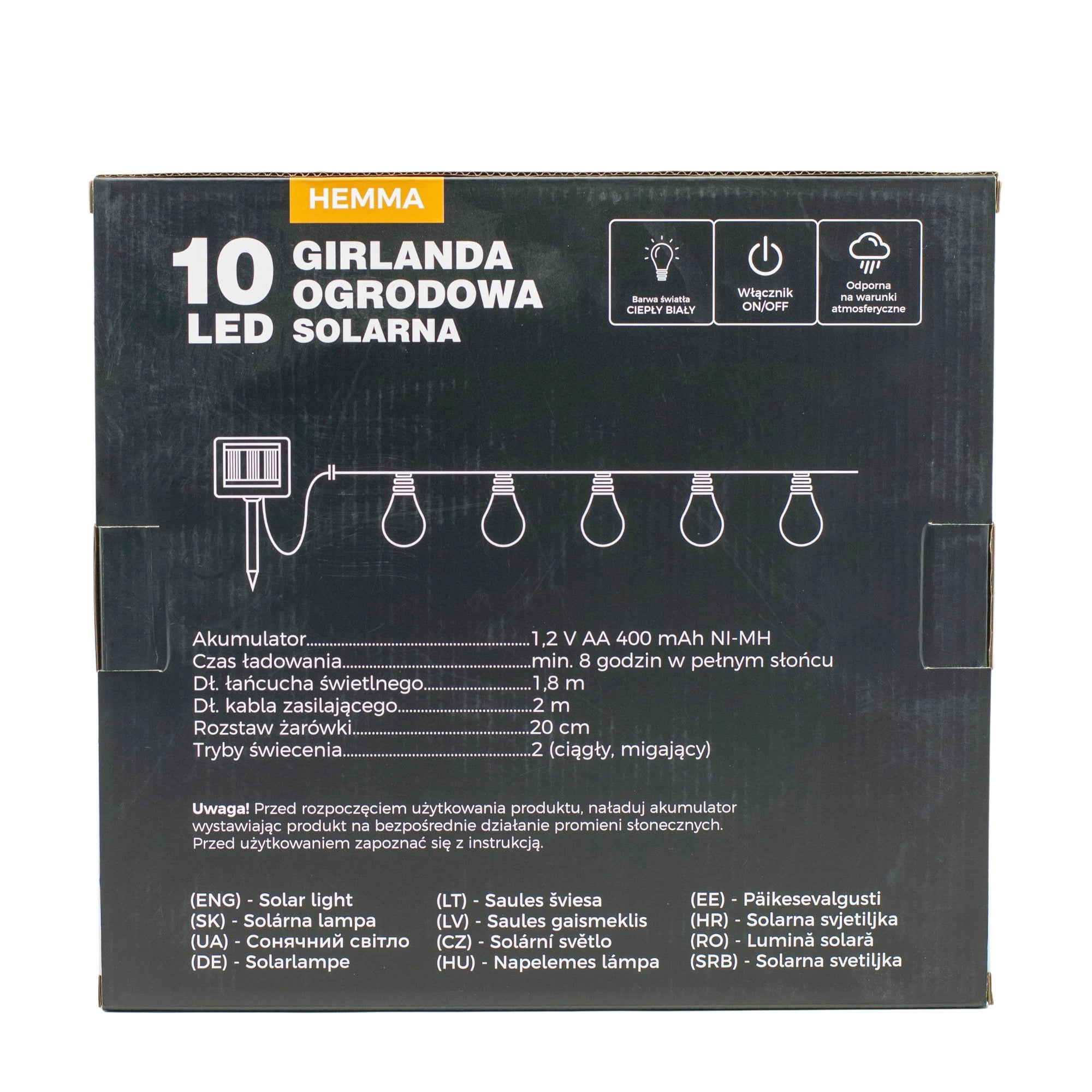 Ghirlanda luminoasa, LED, model Hemma, 10 becuri, 380cm, incarcare solara, lumina alb cald