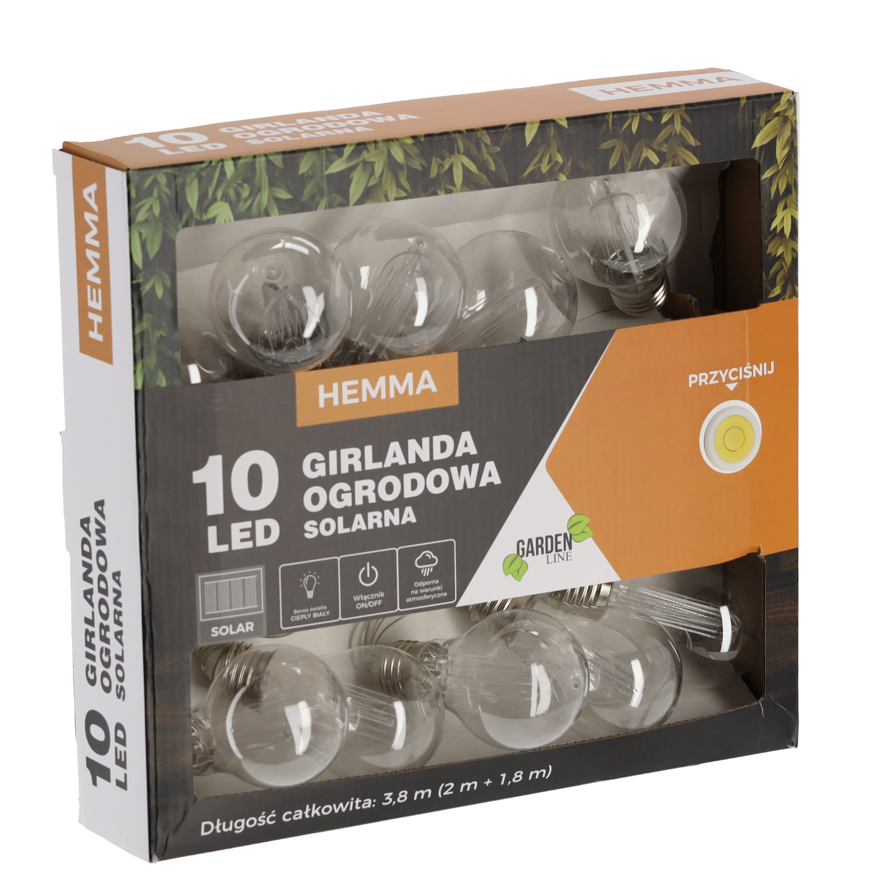 Ghirlanda luminoasa, LED, model Hemma, 10 becuri, 380cm, incarcare solara, lumina alb cald