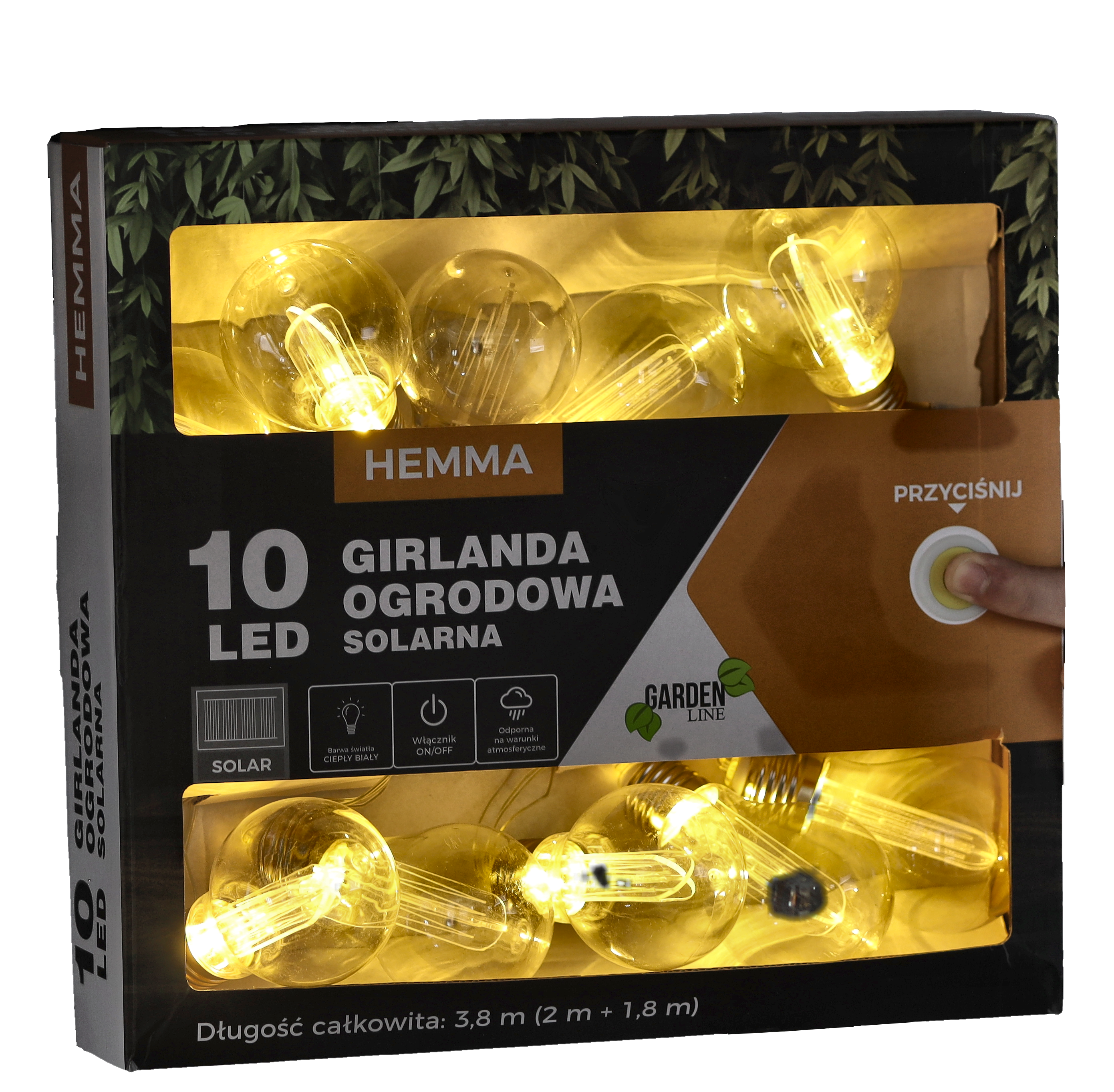 Ghirlanda luminoasa, LED, model Hemma, 10 becuri, 380cm, incarcare solara, lumina alb cald