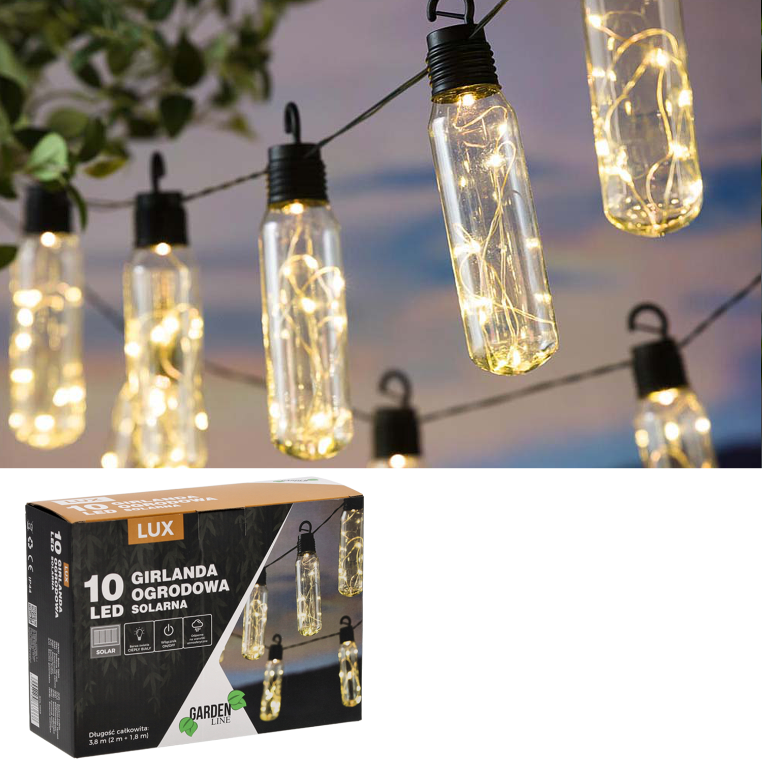 Ghirlanda luminoasa, LED, model Lux, 10 becuri, 380cm, incarcare solara, lumina alb cald
