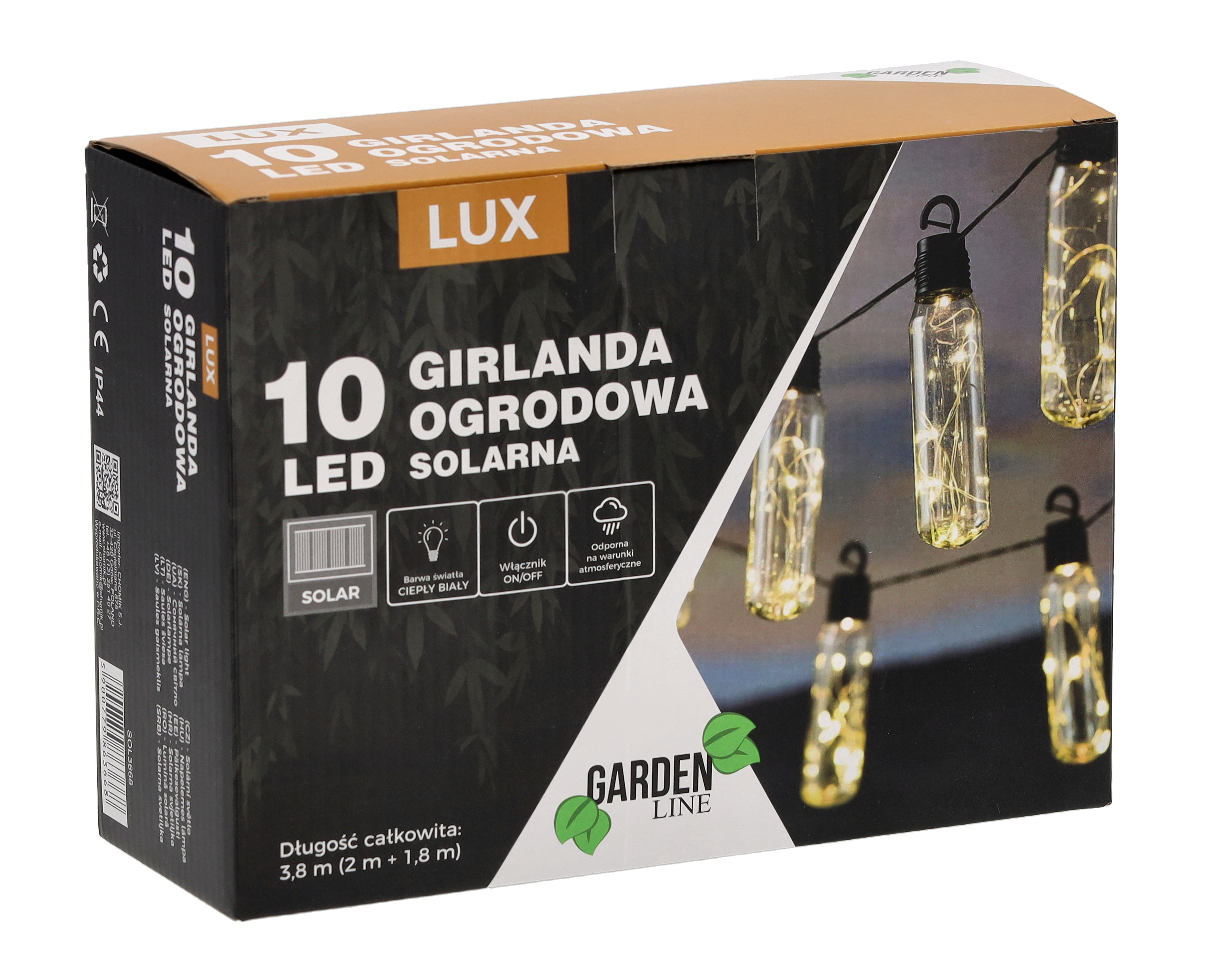 Ghirlanda luminoasa, LED, model Lux, 10 becuri, 380cm, incarcare solara, lumina alb cald
