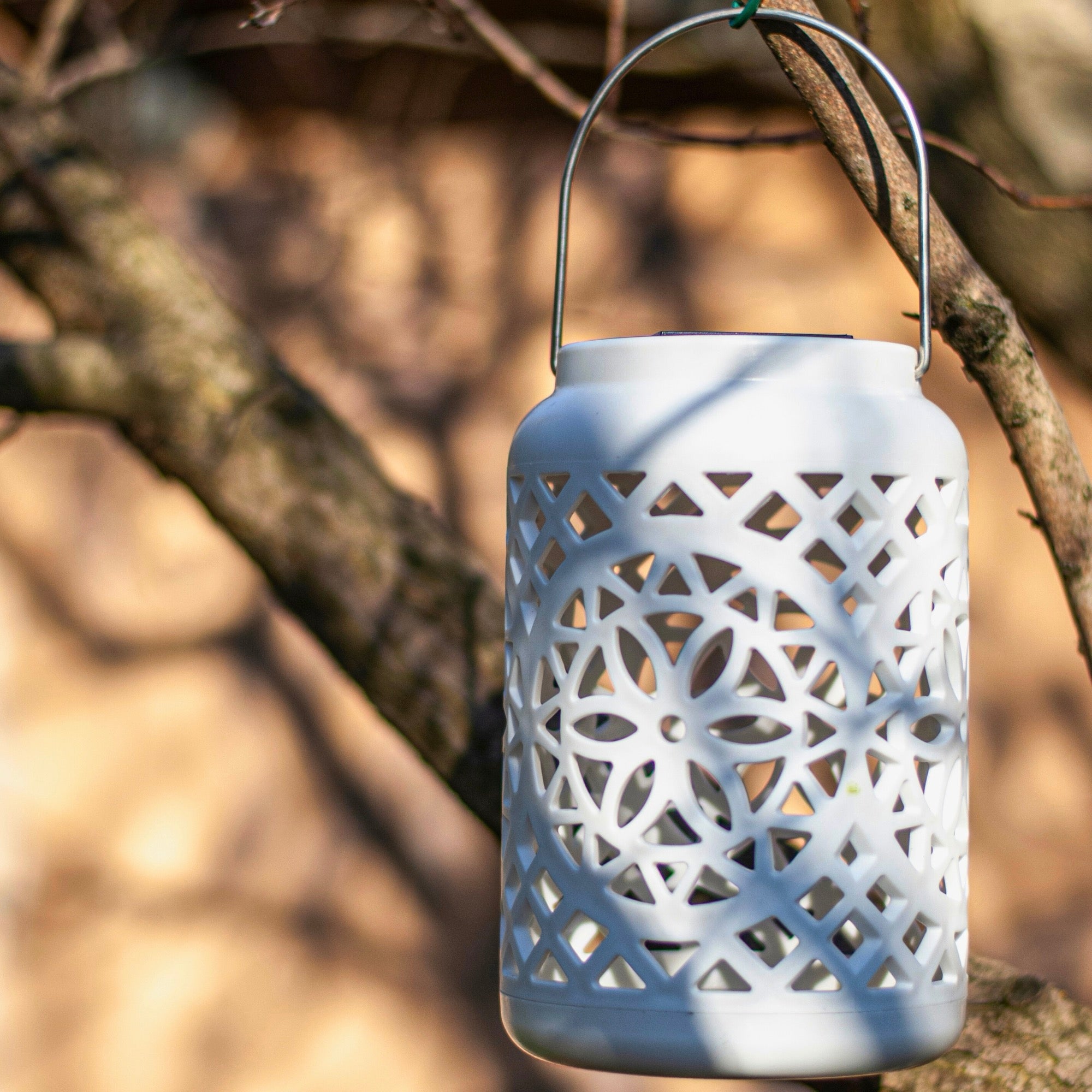Felinar decorativ solar, LED, pentru exterior, 12x12x18.5cm, alb