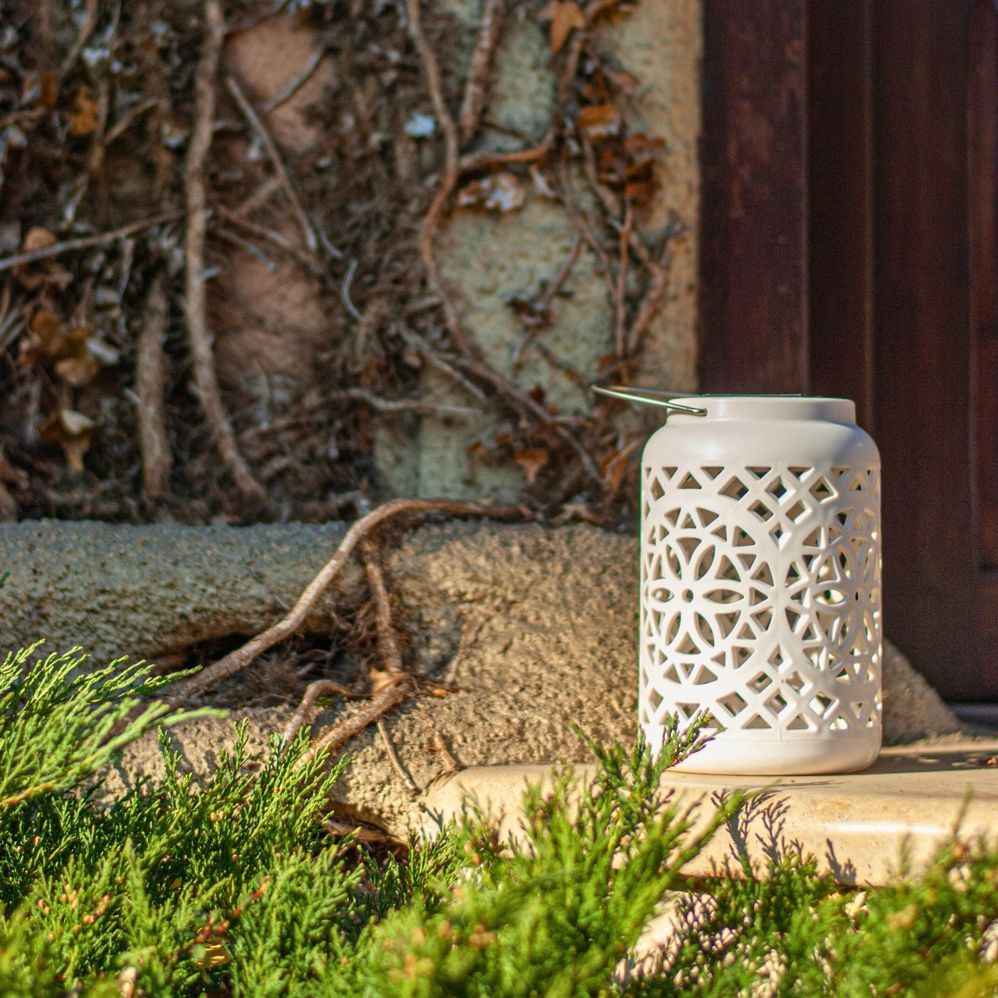 Felinar decorativ solar, LED, pentru exterior, 12x12x18.5cm, alb