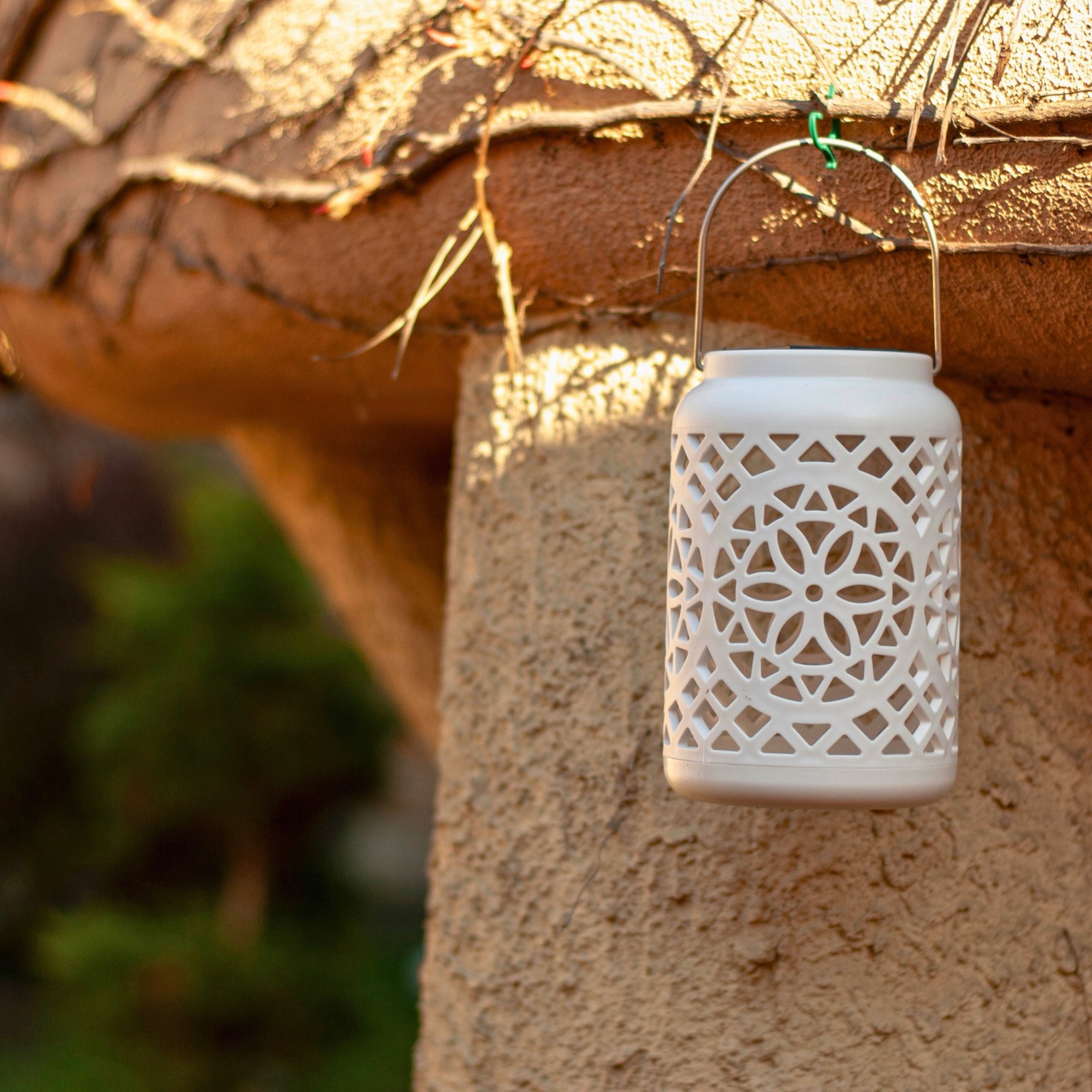 Felinar decorativ solar, LED, pentru exterior, 12x12x18.5cm, alb