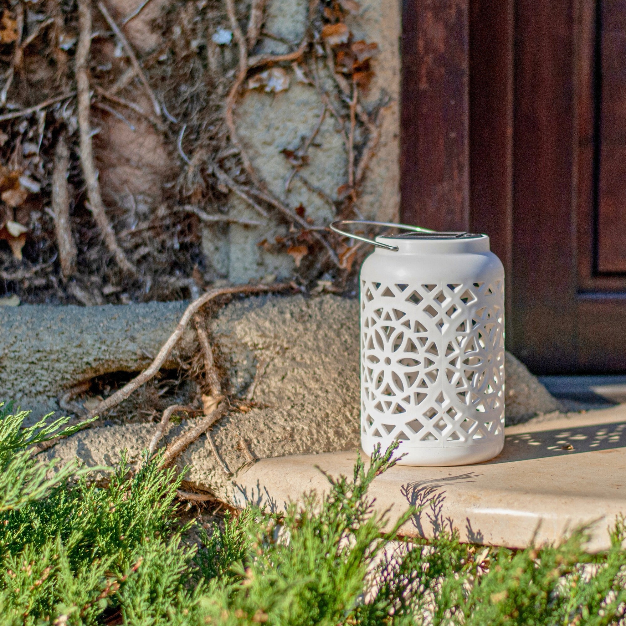 Felinar decorativ solar, LED, pentru exterior, 12x12x18.5cm, alb