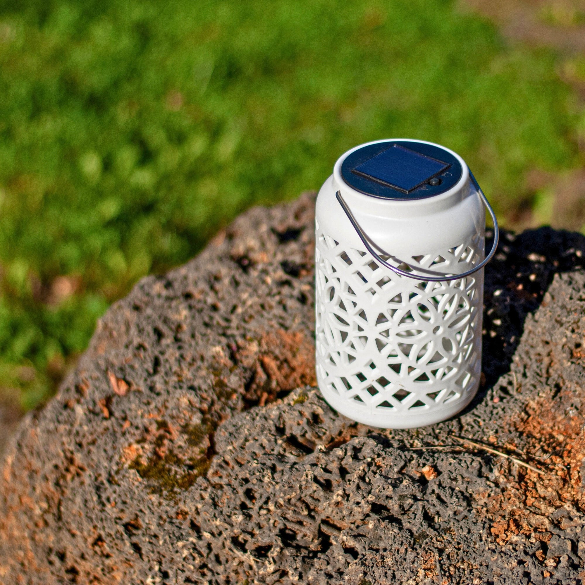 Felinar decorativ solar, LED, pentru exterior, 12x12x18.5cm, alb