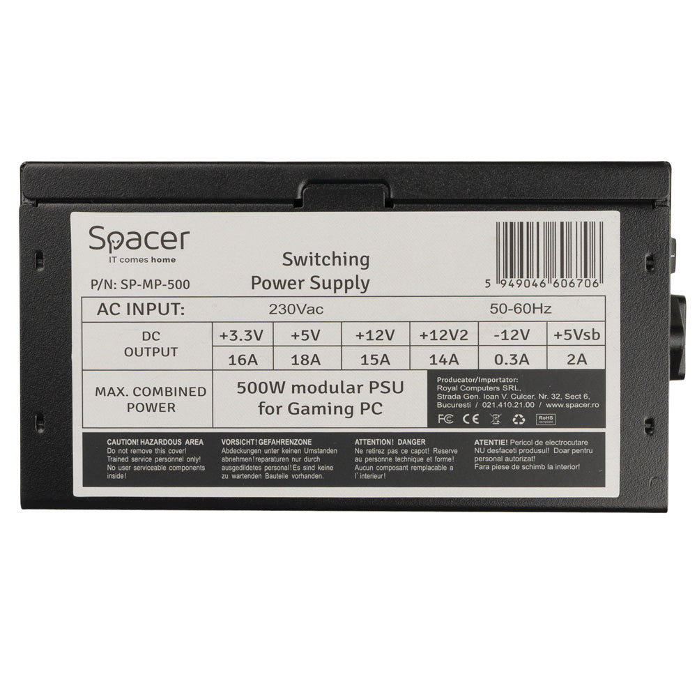SURSA SPACER MODULARA 500 (for 500W Gaming PC), fan 120mm, MB (20+4) x1, CPU (4+4) x1, PCI-E (6+2) x1, SATA x3, Molex x3, *retail* "SP-MP-500"