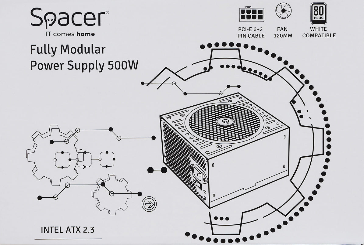 SURSA SPACER MODULARA 500 (for 500W Gaming PC), fan 120mm, MB (20+4) x1, CPU (4+4) x1, PCI-E (6+2) x1, SATA x3, Molex x3, *retail* "SP-MP-500"