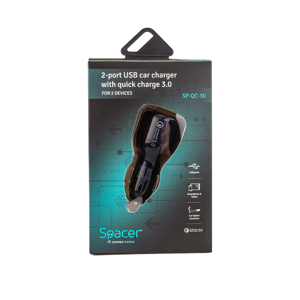 ALIMENTATOR auto SPACER 33W total max, 2 x USB (1 x USB QC 3.0 18W &amp; 1 x USB 15W), pt. bricheta auto, black, #SP-QC-30"