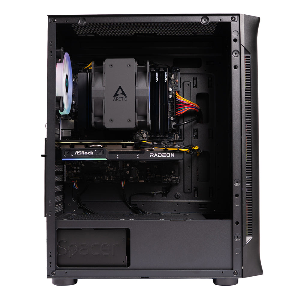 Sistem Desktop PC Gaming Spacer Conqueror, Ryzen 5 9600X, 32 GB DDR5, 2 TB SSD, Radeon RX 9060 XT Challenger 8GB OC, No OS, negru, "SPACER-Conqueror-10VN" - 5949046616149