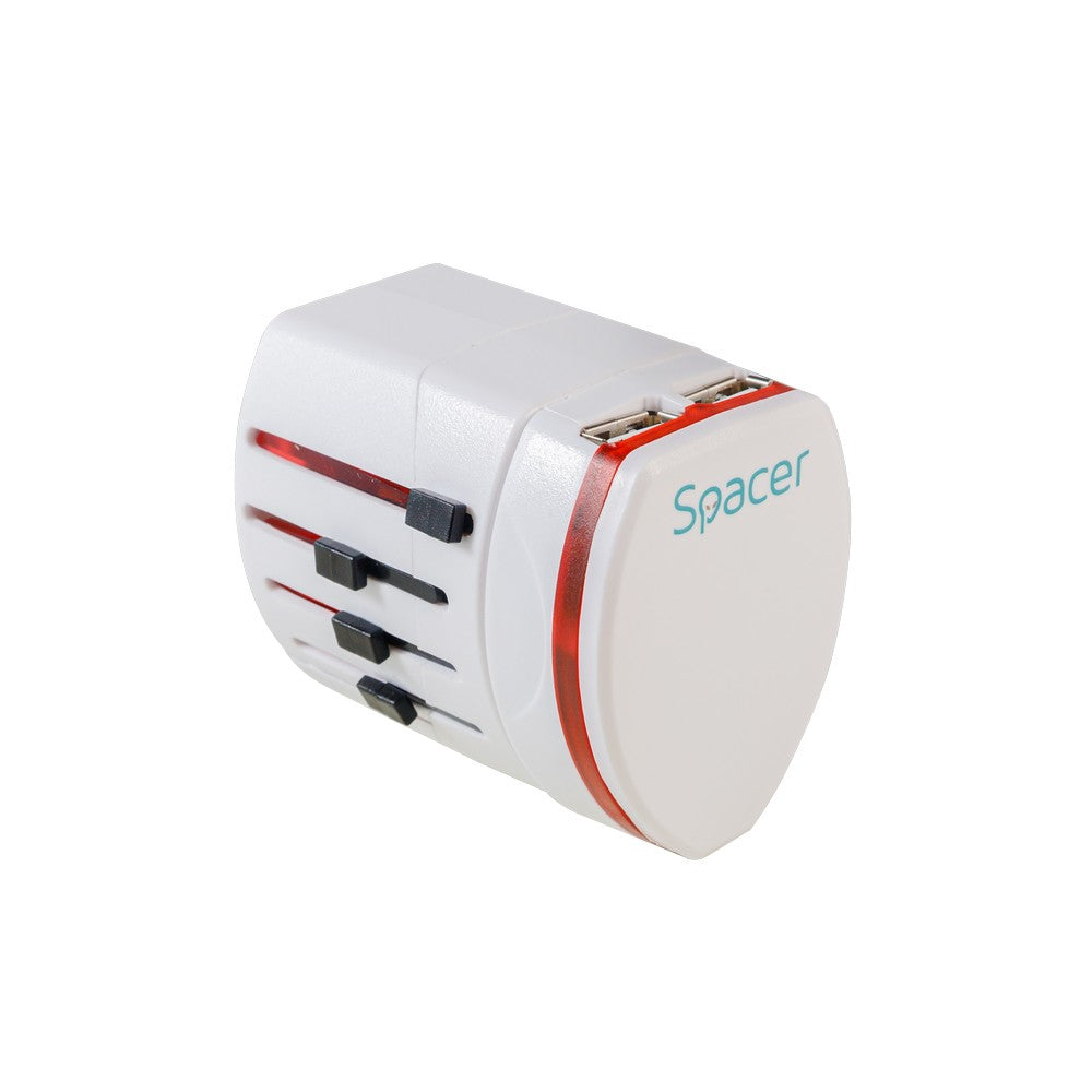 ADAPTOR universal SPACER, pt. calatorii, Schuko x 1, conectare Socket Universal (T), USB x 2, 10 A, alb, "SPAD-UNIV"/45505994
