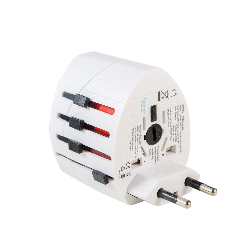 ADAPTOR universal SPACER, pt. calatorii, Schuko x 1, conectare Socket Universal (T), USB x 2, 10 A, alb, "SPAD-UNIV"/45505994