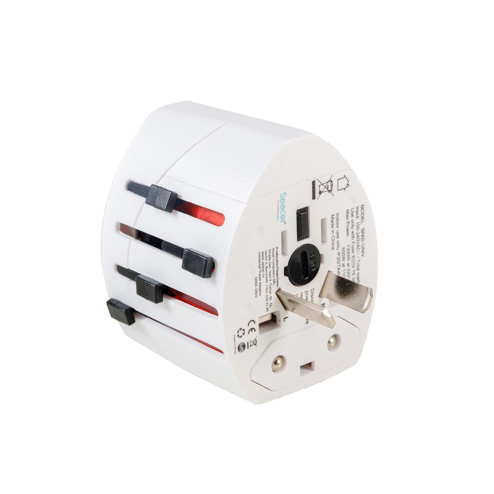 ADAPTOR universal SPACER, pt. calatorii, Schuko x 1, conectare Socket Universal (T), USB x 2, 10 A, alb, "SPAD-UNIV"/45505994
