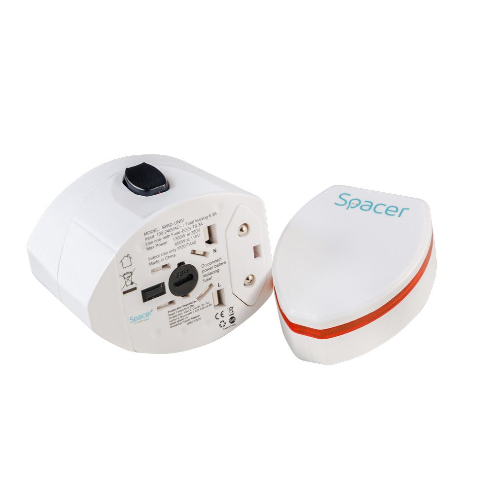 ADAPTOR universal SPACER, pt. calatorii, Schuko x 1, conectare Socket Universal (T), USB x 2, 10 A, alb, "SPAD-UNIV"/45505994