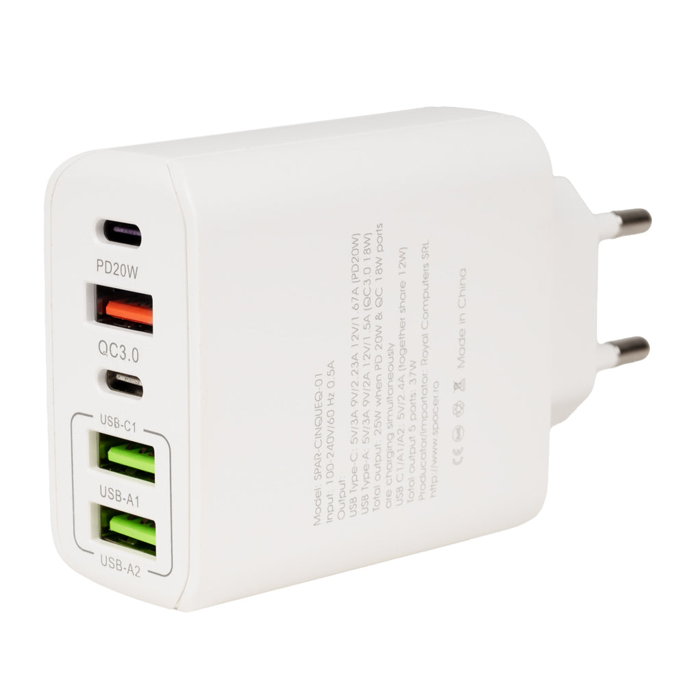 ALIMENTATOR retea SPACER Quick Charge 37W, 1 x USB Type-C 20W + 1 x USB QC 3.0 18W, 2 x USB 2.4A + 1 x USB Type-C 2.4A "SPAR-CINQUEQ-01"