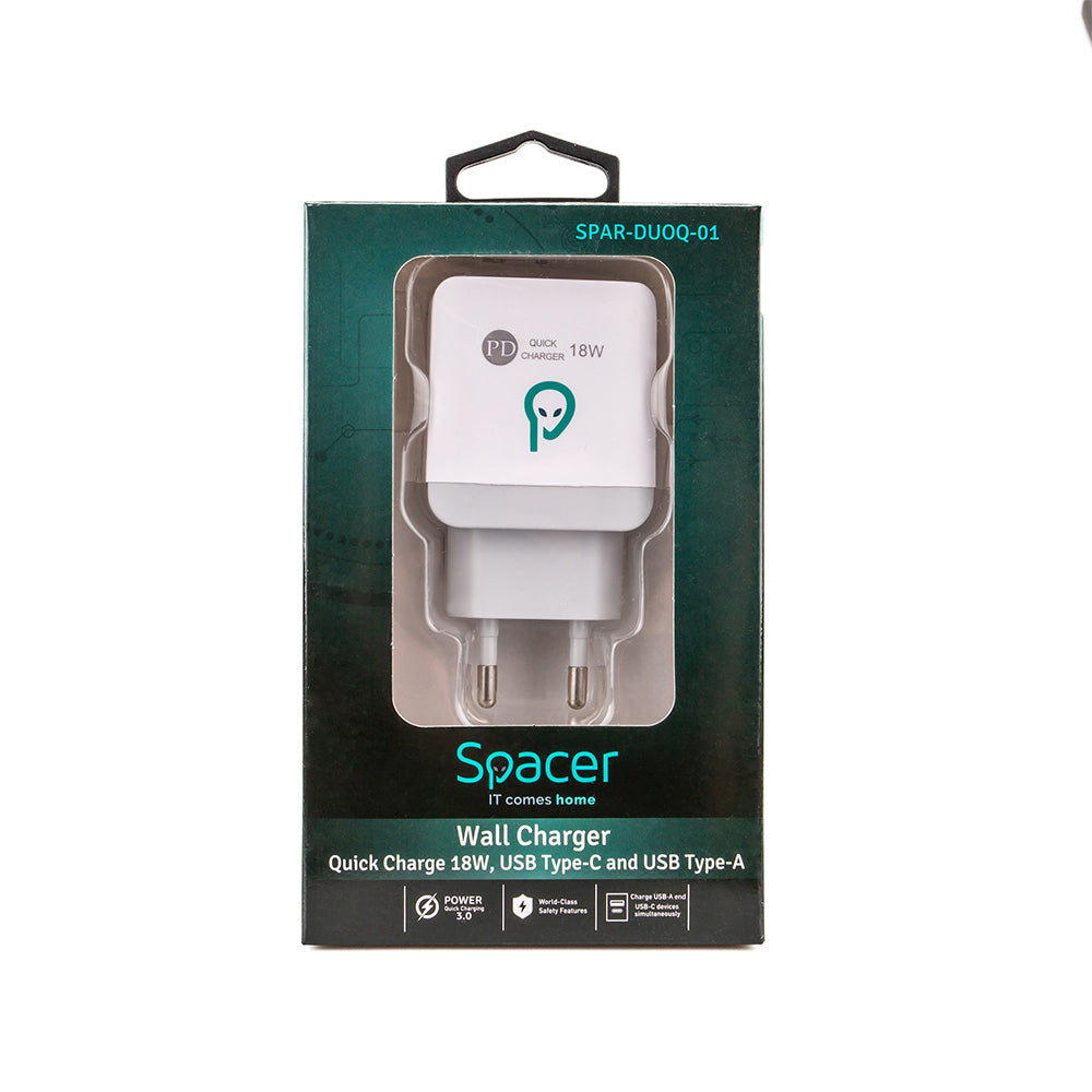 ALIMENTATOR retea SPACER Quick Charge 20W, USB Type-C PD+ USB Quick Charge, "SPAR-DUOQ-01"